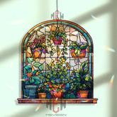 Plant Window Acrylic Suncatcher, Stained Glass Style Garden Decor, Hanging Pot Art, Botanical Window Panel Gift for Plant Lovers